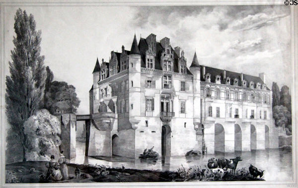 Chenonceau Chateau antique lithograph showing Medici bridge galleries. Chenonceau, France.