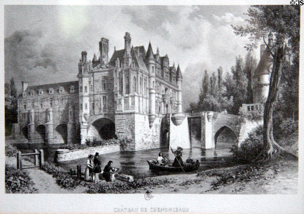 Chenonceau Chateau antique lithograph showing chapel facade & Medici bridge galleries with tourists in 19thC dress. Chenonceau, France.