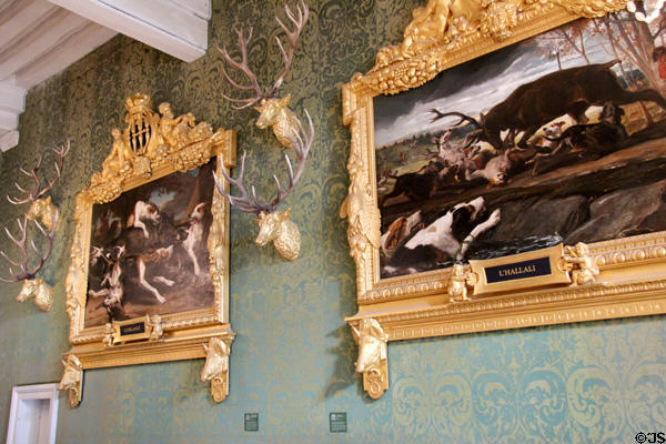 Hunting paintings & trophies at Chambord Chateau. Chambord, France.