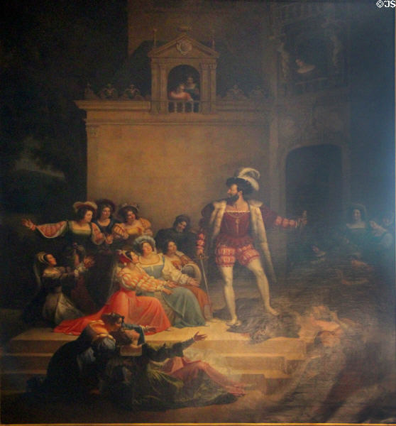 François I kills a Wild Boar painting (1827) by Alexandre Menjaud at Chambord Chateau. Chambord, France.
