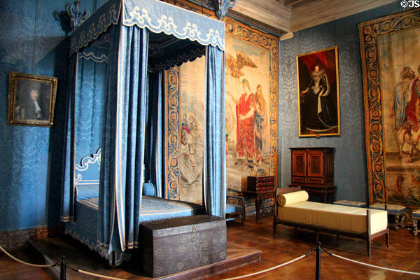 Bedroom of Maria Theresa of Spain with Duchess style bed at Chambord Chateau. Chambord, France.