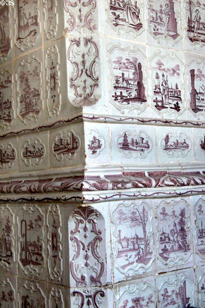Tile details of ceramic stove (1749) from Danzig Poland at Chambord Chateau. Chambord, France.