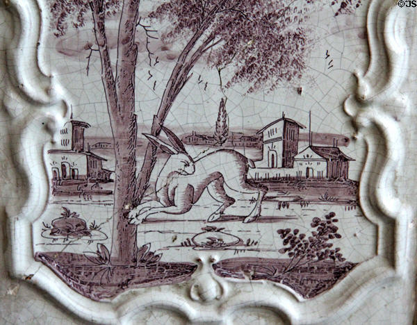 Rabbit tile on ceramic stove (1749) from Danzig Poland at Chambord Chateau. Chambord, France.
