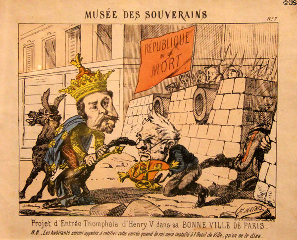 Cartoon satirizing entry of Henri V seated backward on a donkey into a resistant Paris (c1871-2) by F. Mathis at Chambord Chateau. Chambord, France.