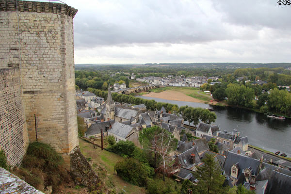 View of Chinon old town & Vienne River from Château de Chinon. Chinon, France.