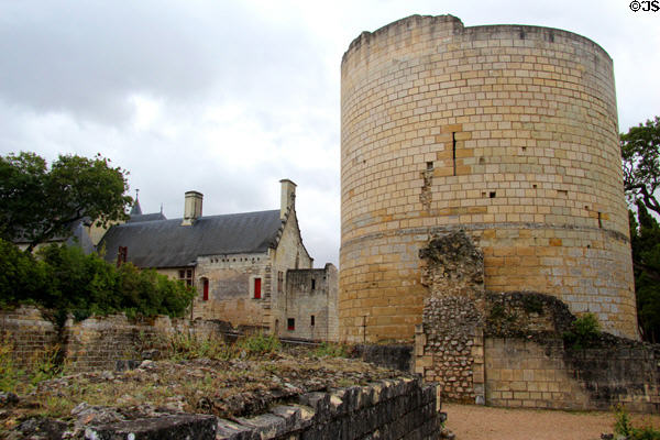 Tour du Coudray with restored royal lodgings beyond at Château de Chinon. Chinon, France.