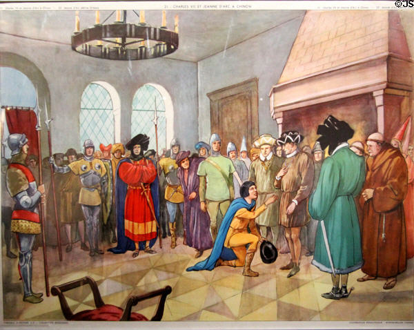 Graphic of Charles VII meeting Joan of Arc in 1429 in Royal Lodgings museum at Château de Chinon. Chinon, France.