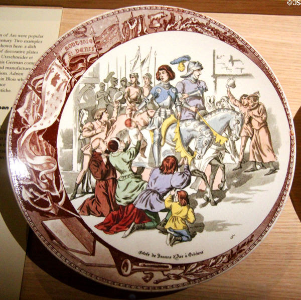 Joan of Arc enters Orleans porcelain plate (1905) By Sarreguemines Factory in Royal Lodgings museum at Château de Chinon. Chinon, France.