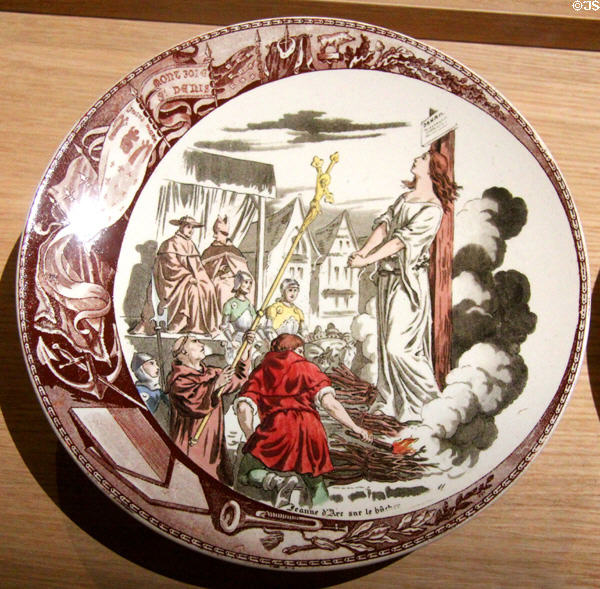 Joan of Arc burnt at stake porcelain plate (1905) By Sarreguemines Factory in Royal Lodgings museum at Château de Chinon. Chinon, France.