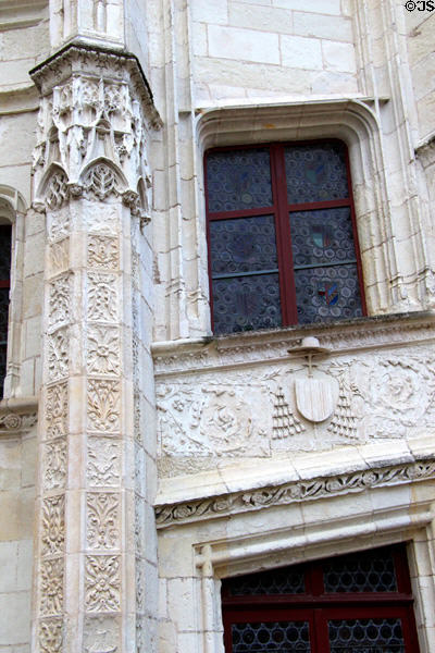 Decoration on spiral staircase in courtyard of Chaumont-Sur-Loire. France.