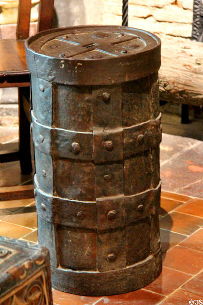 Cylindrical iron safe which opens at one end (16thC) in Ruggierii Room at Chaumont-Sur-Loire. France.