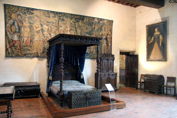 Bedroom of Catherine de Medici who acquired Chaumont estate in 1550 with Henri II-style bed (19thC)at Chaumont-Sur-Loire. France.