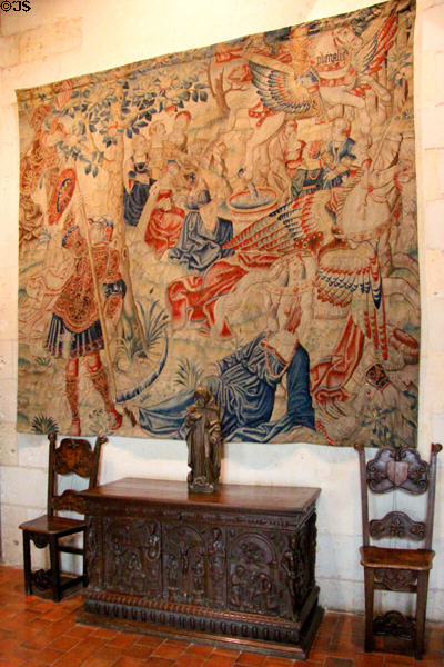 Tapestry of Perseus & Pegasus (late 15thC) from Tournai over Renaissance chest & side-chairs in Catherine de Medici bedroom at Chaumont-Sur-Loire. France.