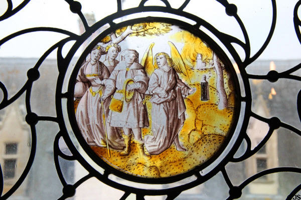 Painted window glass scene in Council Chamber at Chaumont-Sur-Loire. France.