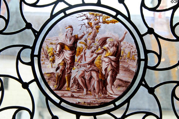 Painted window glass scene in Council Chamber at Chaumont-Sur-Loire. France.