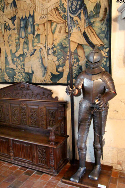 Renaissance bench, tapestry & suit of armor in Guard Room at Chaumont-Sur-Loire. France.