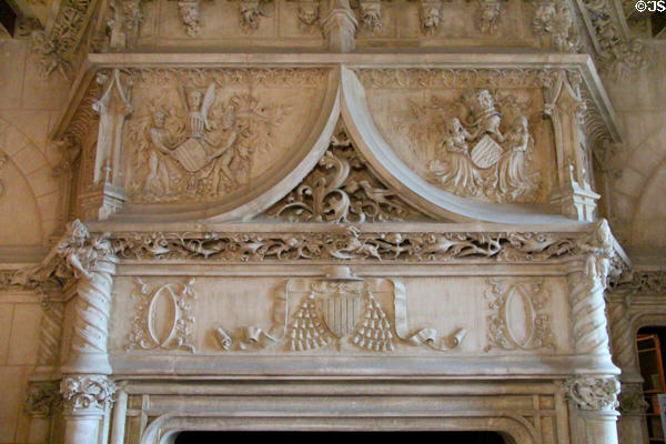 Carved mantle details on dining room fireplace at Chaumont-Sur-Loire. France.