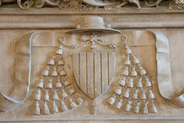 Cardinal's hat in coat of arms of Cardinal Georges d'Amboise on dining room fireplace at Chaumont-Sur-Loire. France.