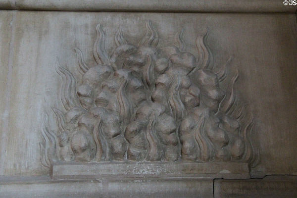 Carved burning mountain (Chaumont) on dining room fireplace at Chaumont-Sur-Loire. France.