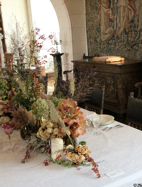 Flower arrangement in dining room at Chaumont-Sur-Loire. France.