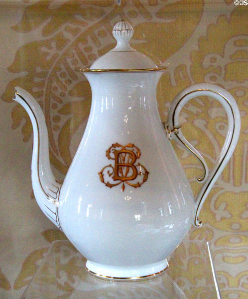 Porcelain coffee pot with monogram of Broglie family (late 19th - early 20thC) by Lavoine of Paris at Chaumont-Sur-Loire. France.