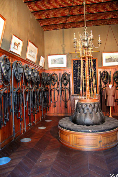 Horse tack collection in stables at Chaumont-Sur-Loire. France.