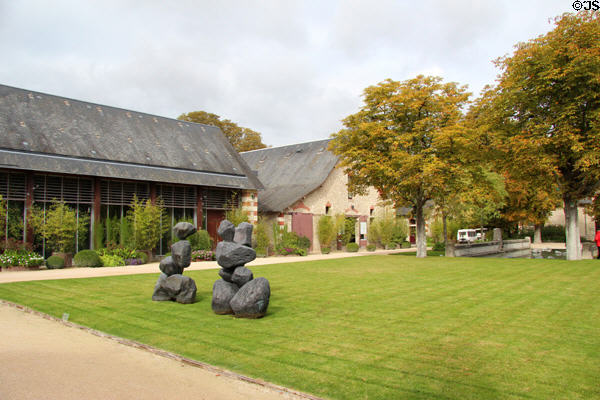 Entrance area gallery buildings with sculptures at Chaumont-Sur-Loire. France.