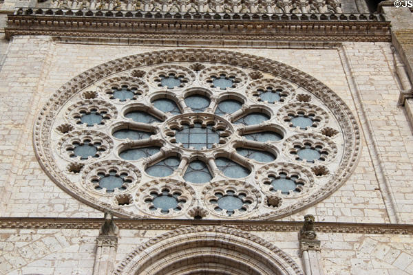 Exterior of rose window at Chartres Cathedral. Chartres, France.