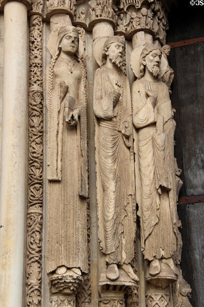 Saints carved surrounding doorway at Chartres Cathedral. Chartres, France.