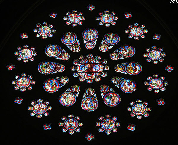 West rose window at Chartres Cathedral. Chartres, France.