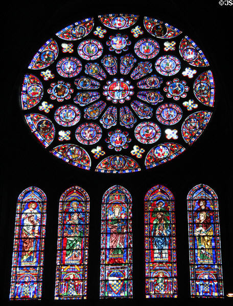 South transept rose window with Evangelists & heavenly musicians at Chartres Cathedral. Chartres, France.