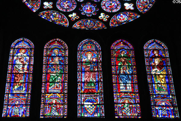 Virgin, four Evangelists & saints stained glass under south rose window at Chartres Cathedral. Chartres, France.