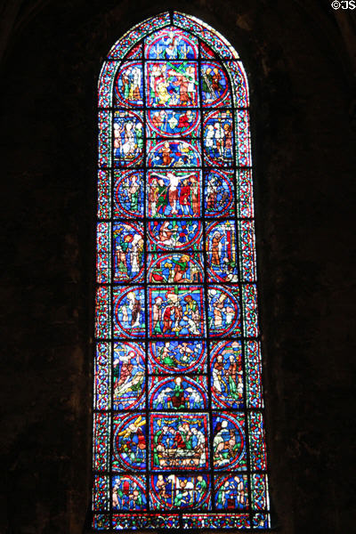 Passion of Christ stained glass window at Chartres Cathedral. Chartres, France.