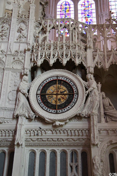 Zodiac clock framed by carvings at Chartres Cathedral. Chartres, France.