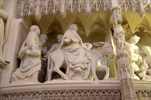 Christ riding donkey into Jerusalem on carved choir screen at Chartres Cathedral. Chartres, France.