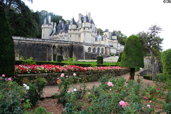 Chateau D'Ussé above flower gardens. Ussé, France.