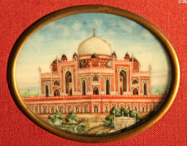 Miniature paintings on ivory of monuments of India painted using cat whisker at Chateau D'Ussé. Ussé, France.