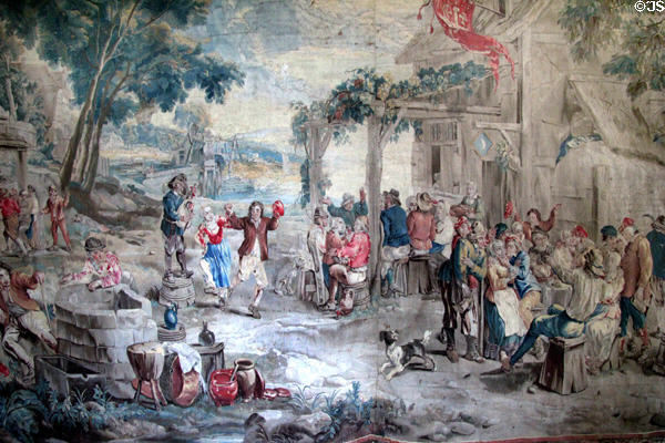 Detail of Flemish tapestry (18thC) depicting life in Flanders after drawings by David Teniers in grand gallery at Chateau D'Ussé. Ussé, France.