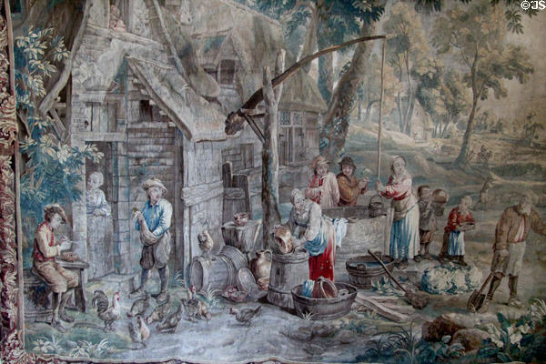 Detail of Flemish tapestry (18thC) depicting life in Flanders after drawings by David Teniers in grand gallery at Chateau D'Ussé. Ussé, France.