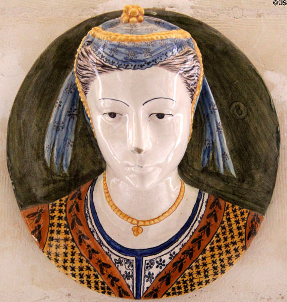 Ceramic female facial relief (19thC) from Italy at Chateau D'Ussé. Ussé, France.