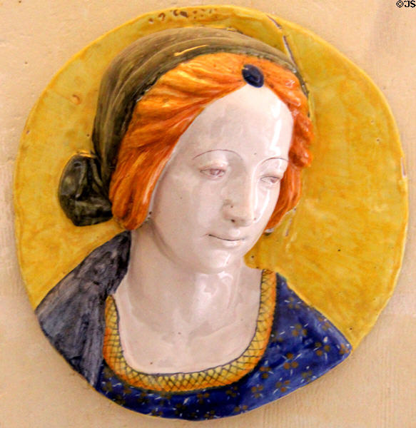 Ceramic female facial relief (19thC) from Italy at Chateau D'Ussé. Ussé, France.