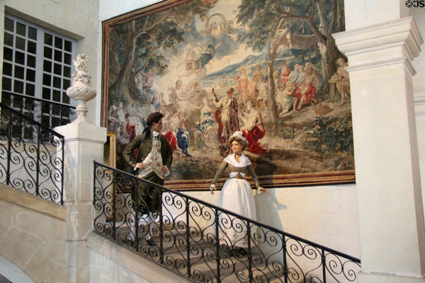 Grand staircase with mythical tapestry (18thC) at Chateau D'Ussé. Ussé, France.