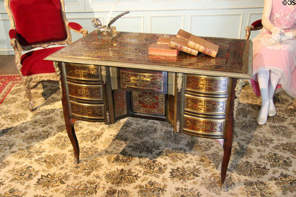 Desk of red tortoiseshell & brass in style of Boulle school in Ante-room at Chateau D'Ussé. Ussé, France.
