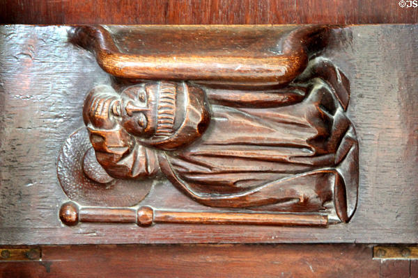 Carved praying pilgrim detail on choir stall (1528) in Chapel at Chateau D'Ussé. Ussé, France.