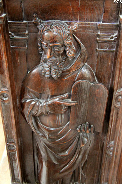 Carved figure of Moses detail on choir stall (1528) in Chapel at Chateau D'Ussé. Ussé, France.