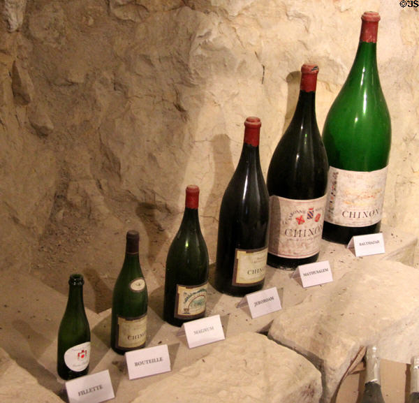 Array of wine bottle sizes from Fillette to Balthazar at Chateau D'Ussé. Ussé, France.