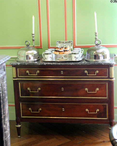 Sideboard with silver cloches & porcelain in family dining room at Cheverny Chateau. Cheverny, France.