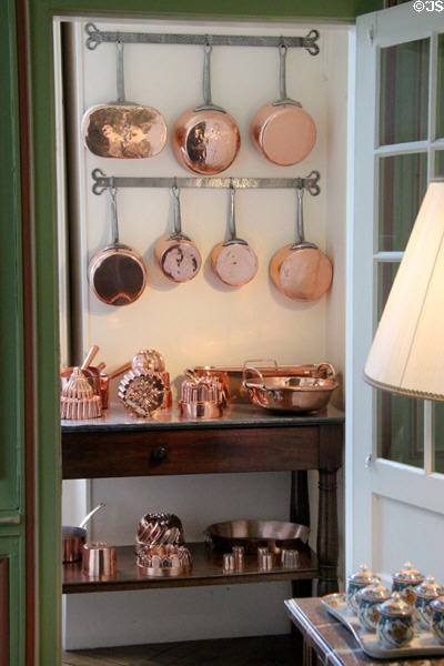 Collection of copper casseroles & cake pans at Cheverny Chateau. Cheverny, France.
