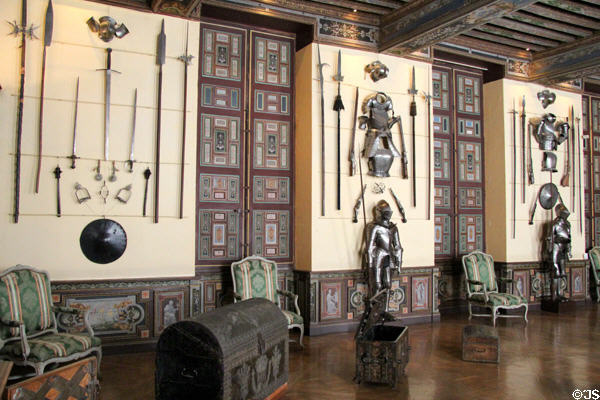Arms room by Jean Monier with weapons (15-17thC) at Cheverny Chateau. Cheverny, France.