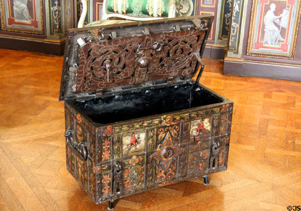 Trunk with mechanical locks of safe decorated with paintings in arms room at Cheverny Chateau. Cheverny, France.